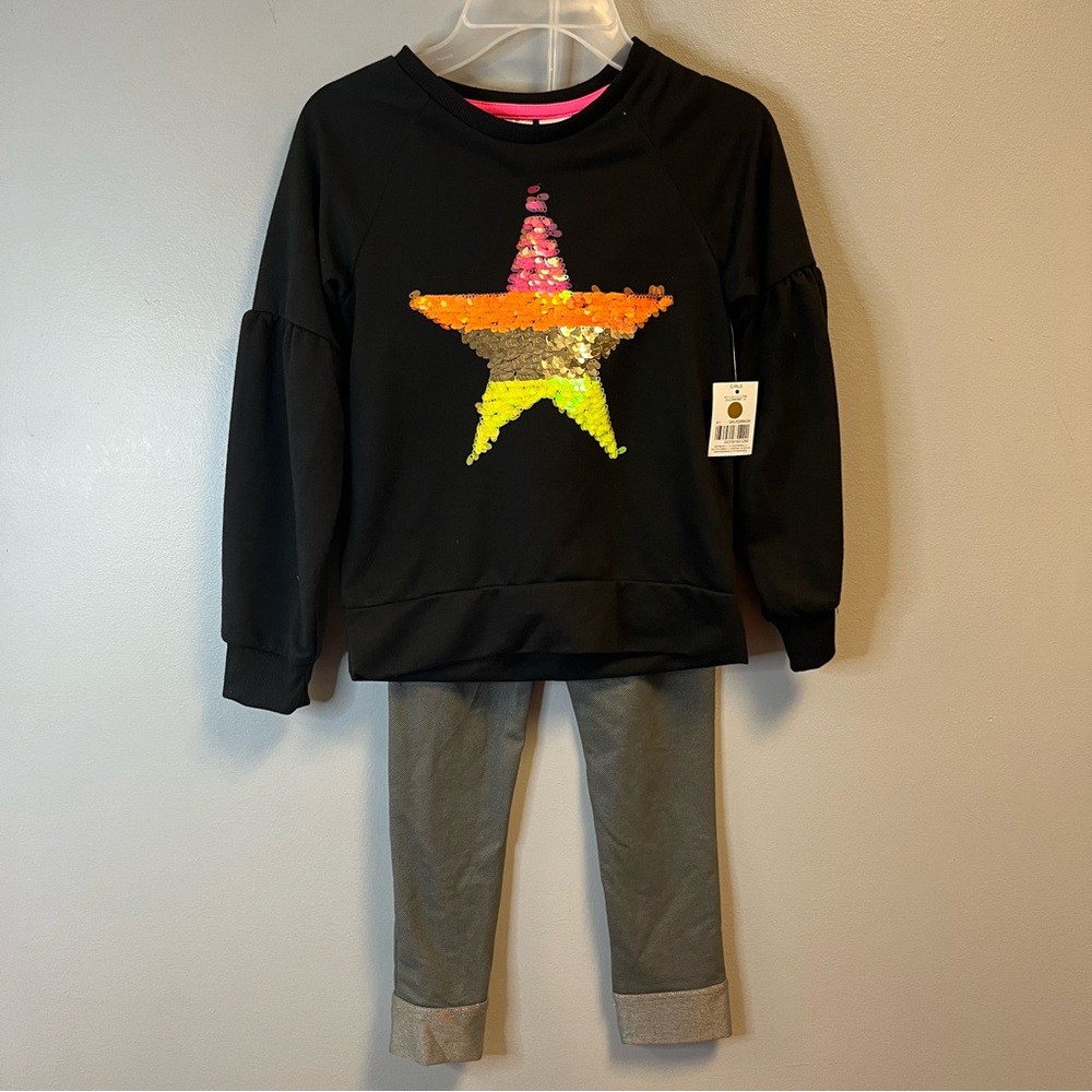 NWT 2-Piece Kids Set Sz 7/8 Girls Sequin Star Sweatshirt & Gray Leggings Set
